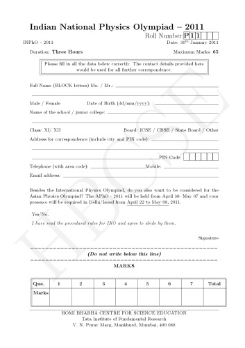 INPhO 2011 Question Paper from India Indian National Physics Olympiad