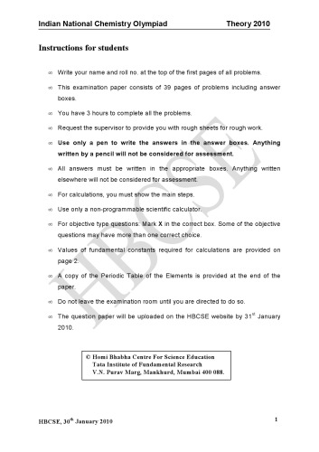 INChO 2010 Chemistry Question Paper from India Indian National Chemistry Olympiad