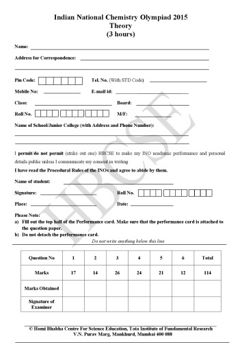 INChO 2015 Chemistry Question Paper from India Indian National Chemistry Olympiad
