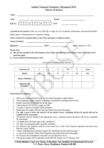 INChO 2016 Chemistry Question Paper from India Indian National Chemistry Olympiad