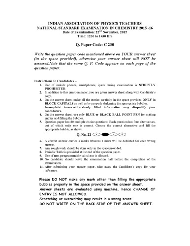 NSEC 2015 Chemistry Question Paper from India National Standard Exam in Chemistry