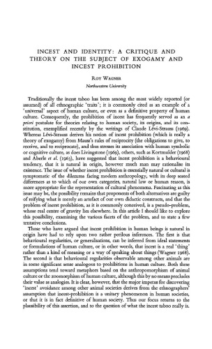 Incest and the Identity: A Critique and Theory on the Subject of Exogamy and Incest Prohibition