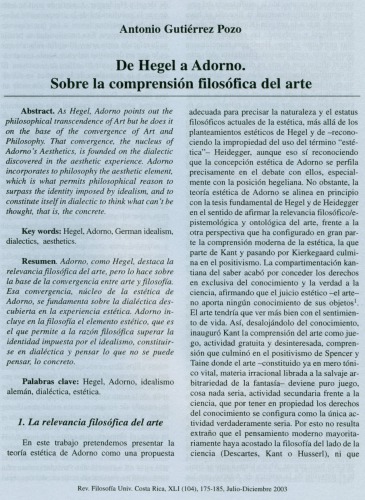 De Hegel a Adorno. Sobre la comprensión filosófica arte