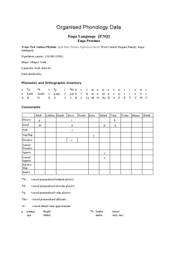 Organised Phonology Data. Enga Language [ENQ]. Enga Province