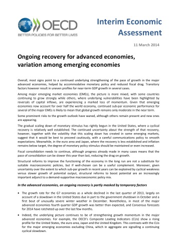 Interim economic assessment : ongoing recovery for advanced economies, variation among emerging economies.