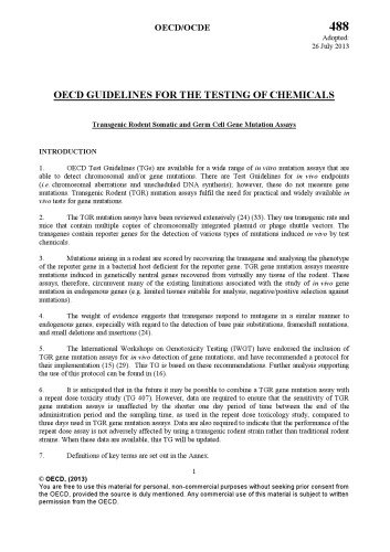 Test number 488 : transgenic rodent somatic and germ cell gene mutation assays.