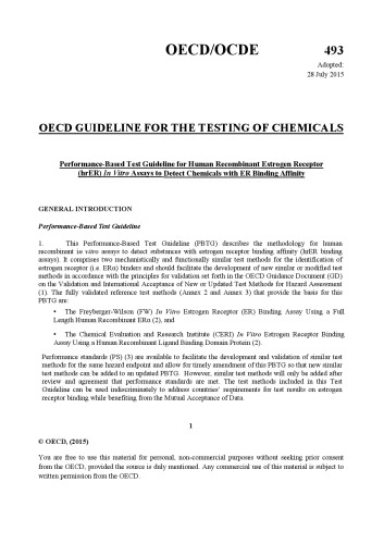 Test No. 493 : Performance-Based Test Guideline for Human Recombinant Estrogen Receptor (hrER) In Vitro Assays to Detect Chemicals with ER Binding Affinity.