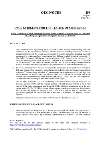 Test No. 458: Stably Transfected Human Androgen Receptor Transcriptional Activation Assay for Detection of Androgenic Agonist and Antagonist Activity of Chemicals.