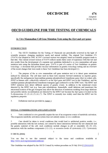 Test No. 476: In Vitro Mammalian Cell Gene Mutation Tests using the Hprt and xprt genes