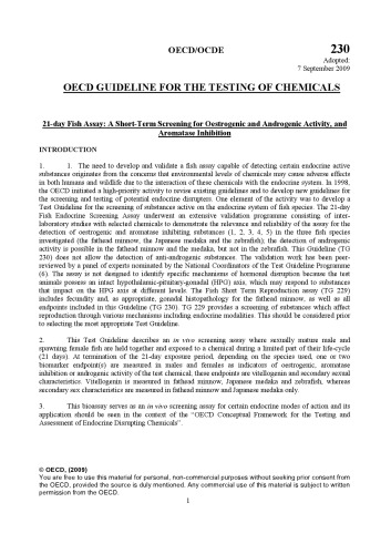 Test No. 230: 21-day Fish Assay : a Short-Term Screening for Oestrogenic and Androgenic Activity, and Aromatase Inhibition