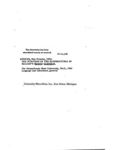 The Function of the Supernatural in Malory’s ’Morte Darthur’