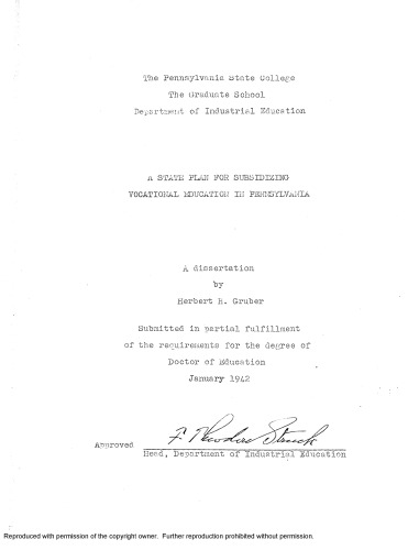 A STATE PLAN FOR SUBSIDIZING VOCATIONAL EDUCATION IN PENNSYLVANIA