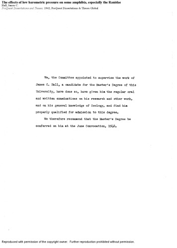 The effects of low barometric pressure on some amphibia, especially the Ranidae