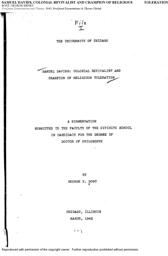 SAMUEL DAVIES, COLONIAL REVIVALIST AND CHAMPION OF RELIGIOUS             TOLERATION