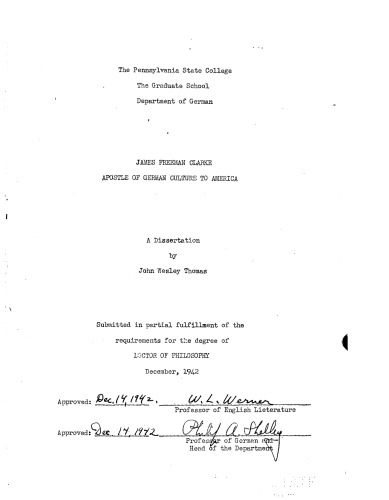JAMES FREEMAN CLARKE:  APOSTLE OF GERMAN CULTURE TO AMERICA