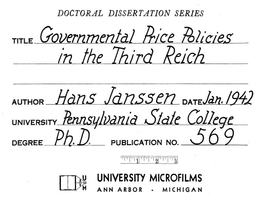 GOVERNMENTAL PRICE POLICIES IN THE THIRD REICH