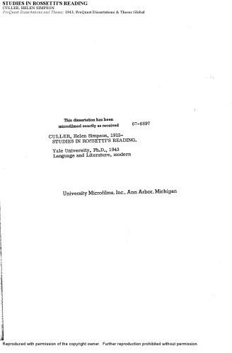 STUDIES IN ROSSETTI’S READING