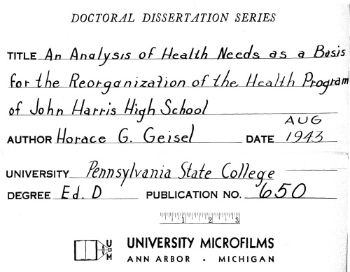 An Analysis Of Health Needs As A Basis For The Reorganization Of The Health Program Of John Harris High School