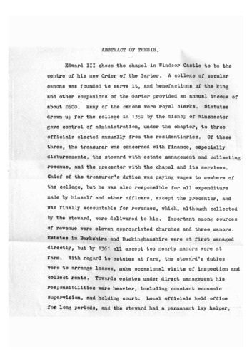The central and local financial organisation and administrative machinery of the Royal Free Chapel of St. George within the Castle of Windsor from its foundation (1348) to the treasurership of William Gillot (1415-1416)