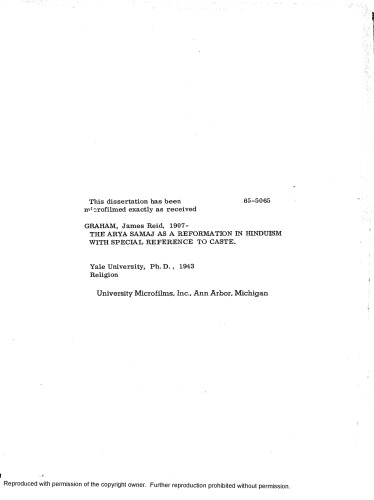 THE ARYA SAMAJ AS A REFORMATION IN HINDUISM WITH SPECIAL REFERENCE TO CASTE