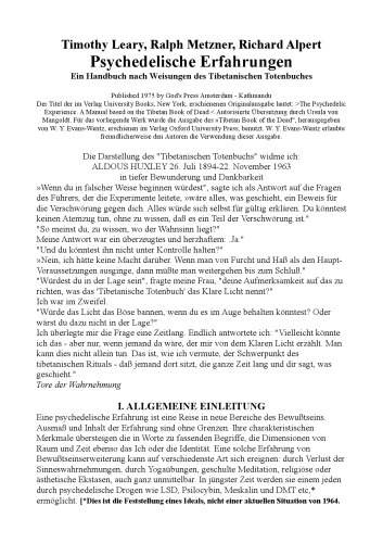 Psychedelische Erfahrungen. Ein Handbuch nach Weisungen des Tibetanischen Totenbuches.