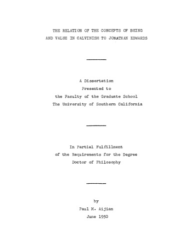 The relation of the concepts of being and value in Calvinism to Jonathan Edwards