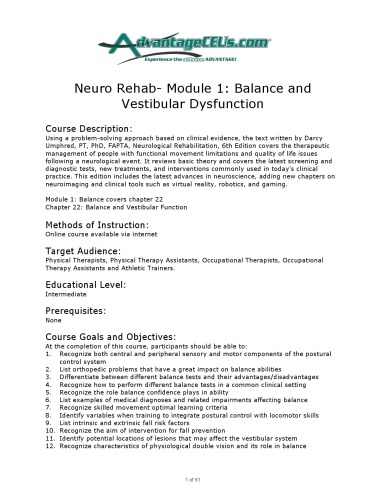 Neuro Rehab- Module 1: Balance and Vestibular Dysfunction