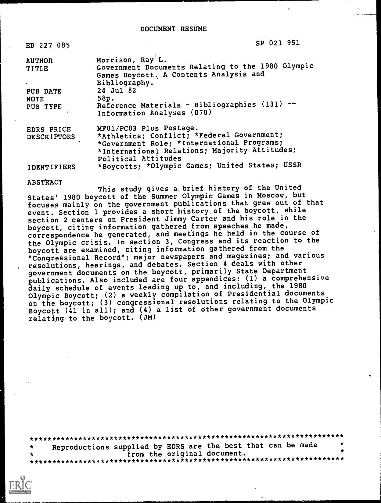 Government documents relating to the 1980 Olympic Games boycott : a contents analysis and bibliography