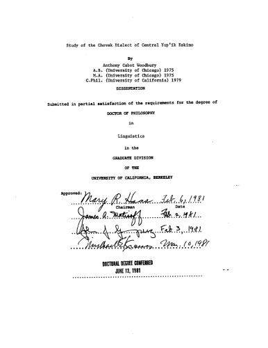 Study of the Chevak Dialect of Central Yup’ik Eskimo