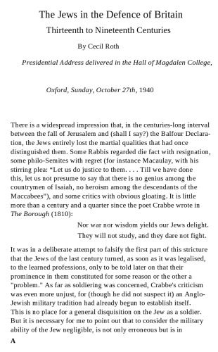 The Jews in the Defence of Britain: Thirteenth to Nineteenth Centuries