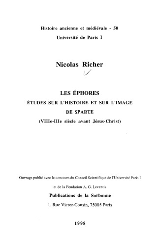Les Éphores. Études sur l’histoire et sur l’image de Sparte (VIIIe-IIIe siècle avant Jésus-Christ)