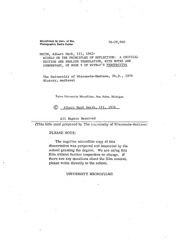 Witelo on the Principles of Reflection: A Critical Edition and English Translation, with Notes and Commentary, of Book V of Witelo’s 