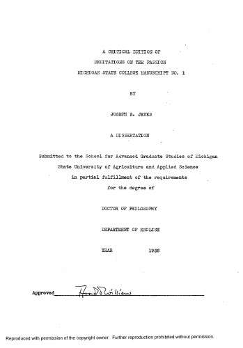 A Critical Edition Of Meditations On The Passion, Michigan State College Manuscript No. 1