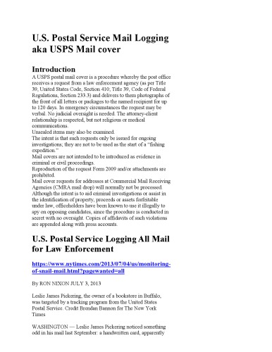 U.S. Postal Service Mail Logging aka USPS Mail cover