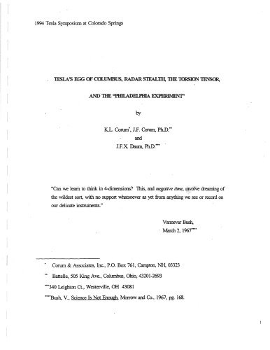 Tesla’s Egg of Columbus, Radar Stealth, the Torsion Tensor, and the 