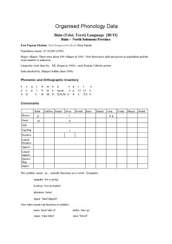 Organised Phonology Data. Buin (Telei, Terei) Language [BUO]. Buin – North Solomons Province