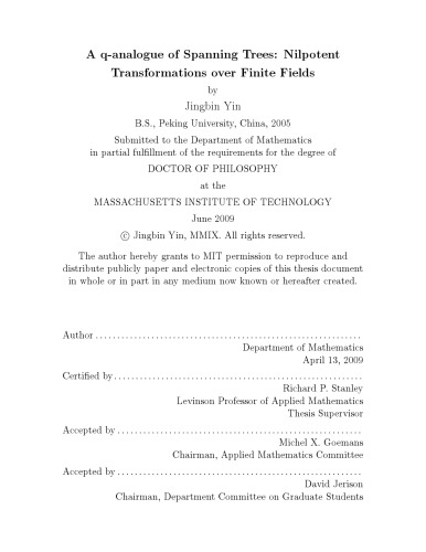 A q-analogue of spanning trees : nilpotent transformations over finite fields [PhD thesis]