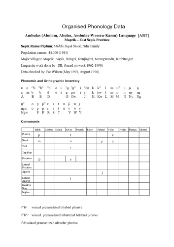 Organised Phonology Data. Ambulas (Abulam, Abulas, Ambulas-Wosera-Kamu) Language [ABT]. Maprik – East Sepik Province
