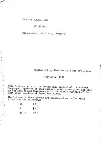 Ambulas-Wosera-Mamu dictionary (Wosera-Mamu, Tok Pisin, English)