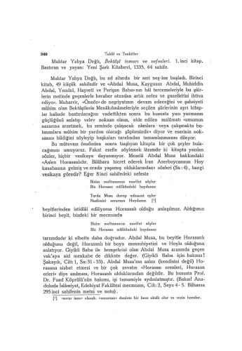 Tahlil ve Tenkitler (Bektaşi Tomarı ve Nefesleri).