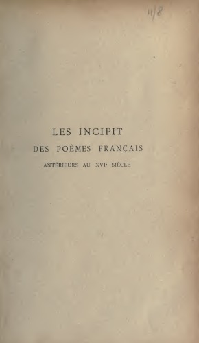 Les incipit des poèmes français antérieurs au XVIe siècle