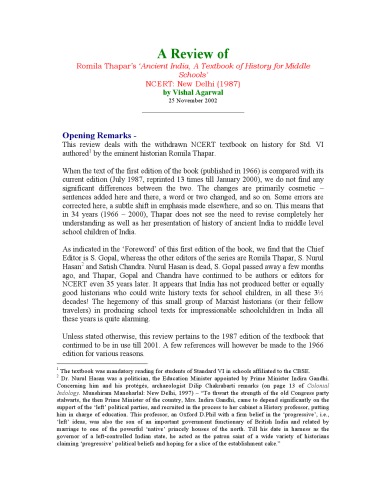 A Review of Romila Thapar Ancient India, A Textbook of History for Middle Schools NCERT
