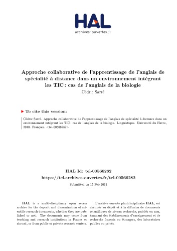 Approche collaborative de l’apprentissage de l’anglais de spécialité à distance dans un environnement intégrant les TIC : cas de l’anglais de la biologie