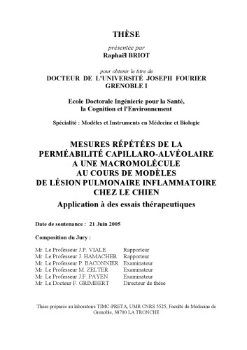 MESURES RÉPÉTÉES DE LA PERMÉABILITÉ CAPILLARO-ALVÉOLAIRE A UNE MACROMOLÉCULE AU COURS DE MODÈLES DE LÉSION PULMONAIRE INFLAMMATOIRE CHEZ LE CHIEN