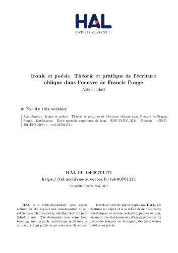 Ironie et poésie. Théorie et pratique de l’écriture oblique dans l’oeuvre de Francis Ponge