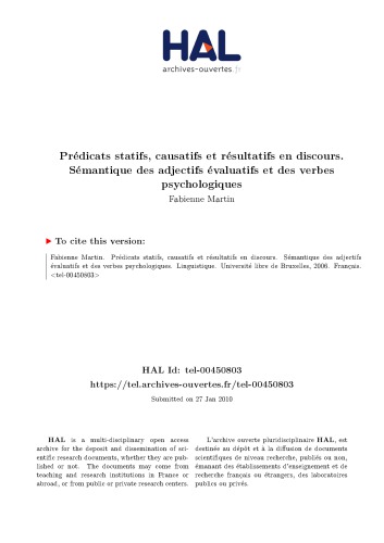 Prédicats statifs, causatifs et résultatifs en discours. Sémantique des adjectifs évaluatifs et des verbes psychologiques
