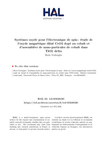 Systèmes oxyde pour l’électronique de spin : étude de l’oxyde magnétique dilué CeO2 dopé au cobalt et d’assemblées de nano-particules de cobalt dans TiO2−delta