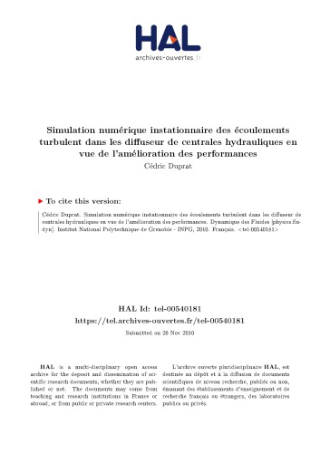 Simulation numérique instationnaire des écoulements turbulent dans les diffuseur de centrales hydrauliques en vue de l’amélioration des performances