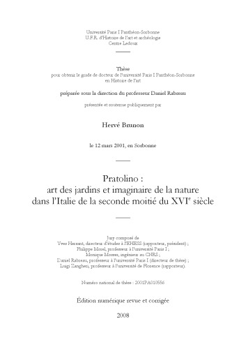 Pratolino : art des jardins et imaginaire de la nature dans l’Italie de la seconde moitié du XVIe siècle