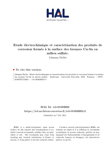 Etude électrochimique et caractérisation des produits de corrosion formés à la surface des bronzes Cu-Sn en milieu sulfate.